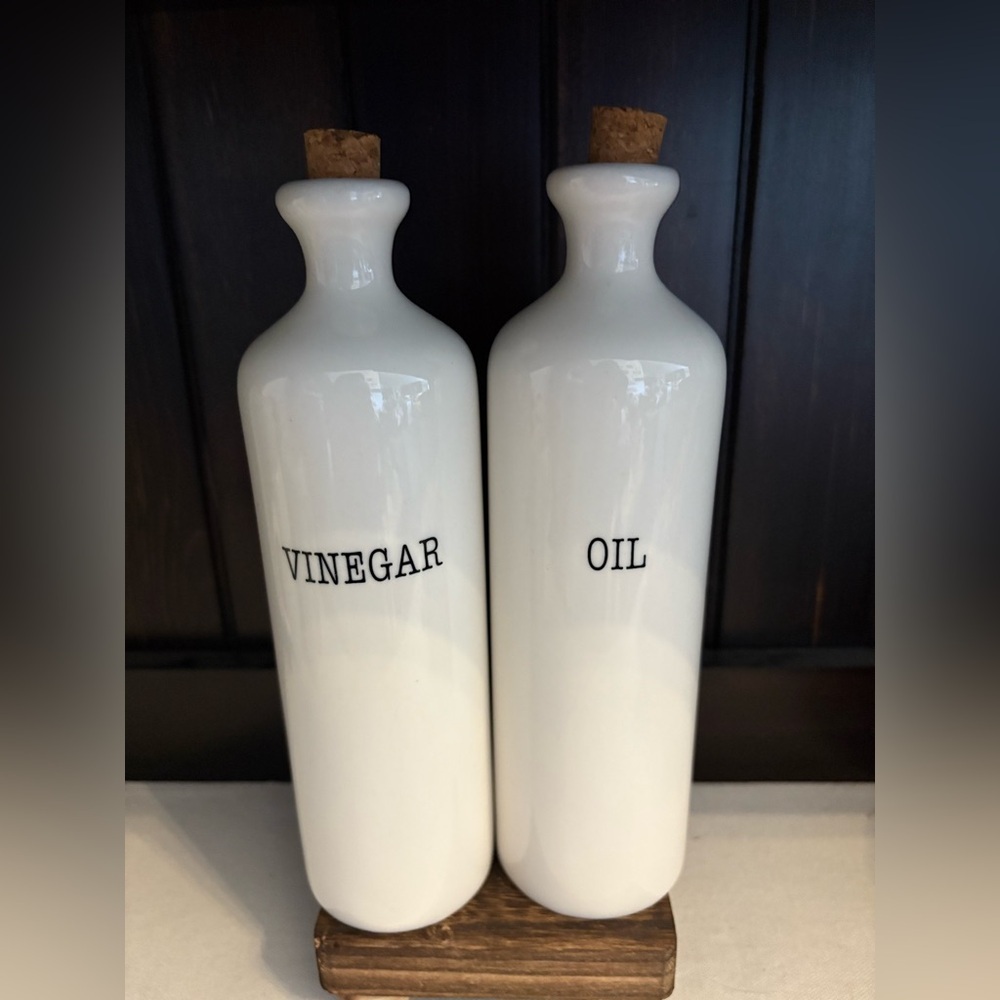 Farmhouse Decor White Ceramic Vinegar and Oil Bottles